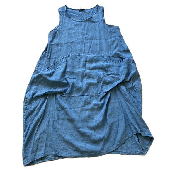 Bella Amore Linen Sleeveless Shift Dress with Pockets Blue L/XL Made in Italy - Picture 2 of 5